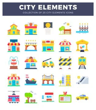 Flat vector icons of city elements Stock Illustration