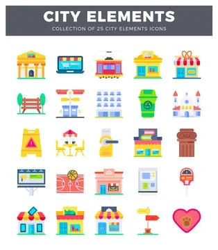 Flat vector icons of city elements and buildings Illustrazione stock