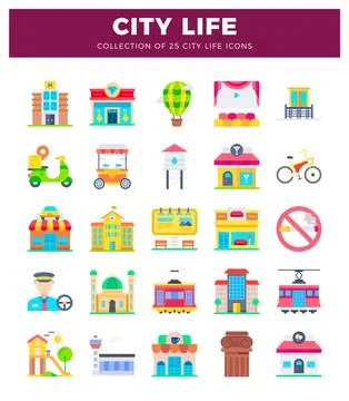 Flat vector icons of city life elements with a diverse collection of urban .. 스톡 일러스트