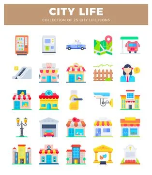 Flat vector icons of city life elements including shops. services. and tran.. Stock Illustration