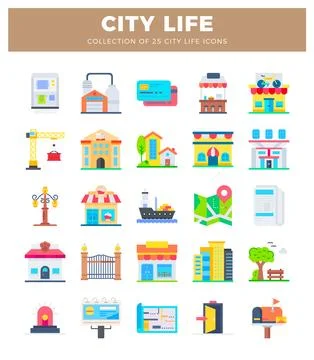 Flat vector icons of city life elements including buildings. transportation.. Stock Illustration