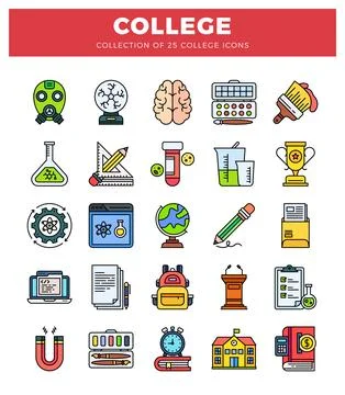 Flat vector icons of college and education related objects on white backgroun Stock Illustration