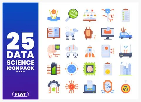 Flat vector icons for data science pack featuring diverse illustrations on .. Illustrazione stock