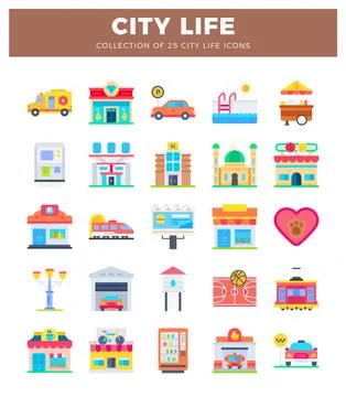 Flat vector icons depict city life with diverse urban elements. 스톡 일러스트