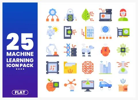 Flat vector icons depicting machine learning concepts. technology. and data.. Stock Illustration