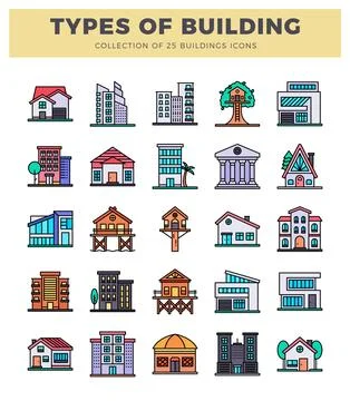 Flat vector icons depicting various building types. including houses. apart.. Stock Illustration