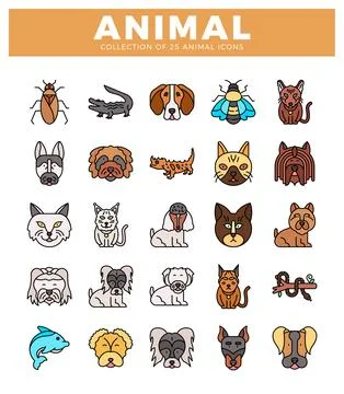 Flat vector icons of diverse animals displayed on a white background Stock Illustration