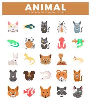 Flat vector icons of diverse animals on white background Stock Illustration
