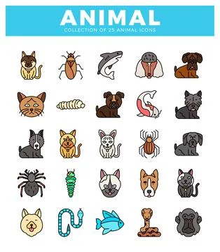 Flat vector icons of diverse animals on a white background Stock Illustration