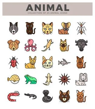 Flat vector icons of diverse animals including mammals. fish. insects. and .. Stock Illustration