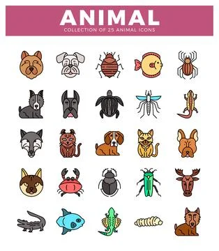 Flat vector icons of diverse animals with outline and color. in a grid layo.. Stock Illustration