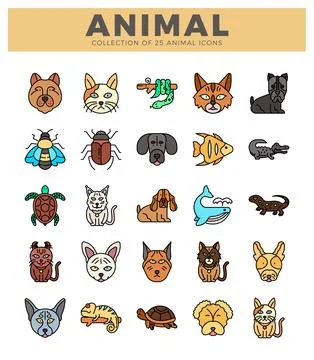 Flat vector icons of diverse animals. including mammals. insects. reptiles... Stock Illustration