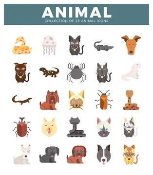 Flat vector icons of diverse animals presented in a grid layout on a white .. Stock Illustration