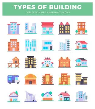 Flat vector icons of diverse building types on white background Stock Illustration