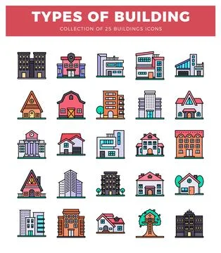 Flat vector icons of diverse building types on a white background Ilustración de archivo