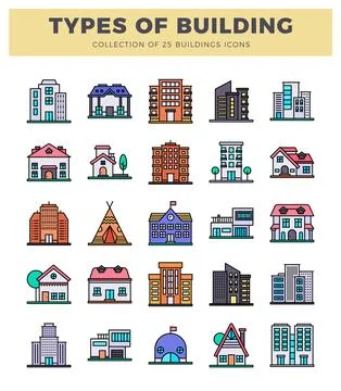 Flat vector icons of diverse building types in a grid layout on white backg.. Illustrazione stock