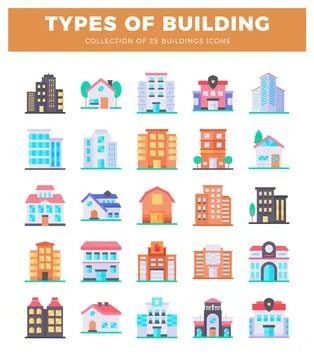 Flat vector icons of diverse building types. showcasing modern architecture.. Illustrazione stock
