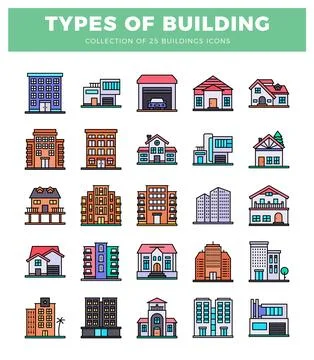 Flat vector icons of diverse building types arranged in a grid. Ilustración de archivo