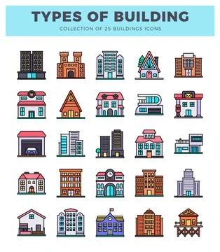 Flat vector icons of diverse building types arranged in a grid Ilustración de archivo