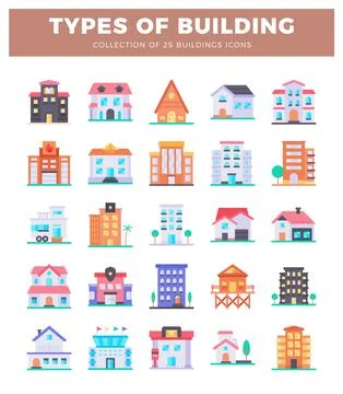 Flat vector icons of diverse building types on a white background Stock Illustration
