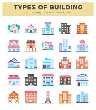 Flat vector icons of diverse buildings in a clean grid layout with a descri.. Stock Illustration