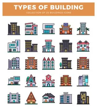 Flat vector icons of diverse buildings for city planning. architectural des.. Illustrazione stock