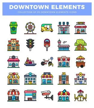 Flat vector icons of downtown city elements with a white background 스톡 일러스트