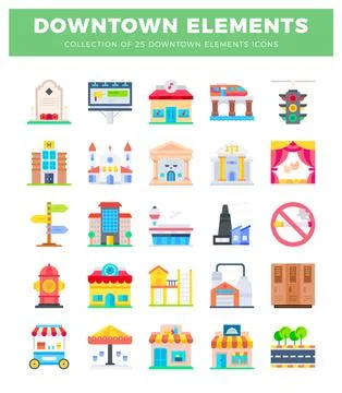 Flat vector icons of downtown city elements for urban design 스톡 일러스트