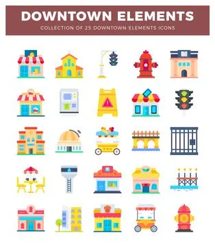 Flat vector icons of downtown city elements and buildings Stock Illustration