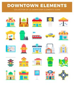 Flat vector icons of downtown urban elements on a white background Ilustración de archivo