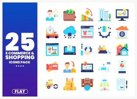 Flat vector icons of e-commerce and shopping with diverse elements. Stock Illustration