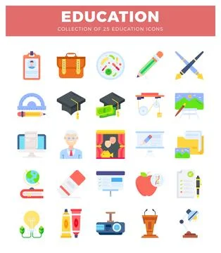 Flat vector icons for education and school with diverse icons Stock Illustration