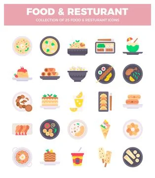 Flat vector icons of food and restaurant dishes presented on a white backgr.. Stock Illustration
