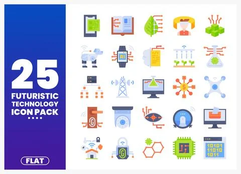 Flat vector icons of futuristic technology and AI in a white grid layout on.. Stock Illustration
