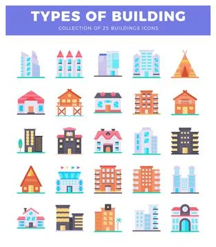 Flat vector icons illustrating diverse building types for urban planning an.. Ilustração Stock