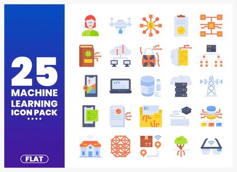Flat vector icons for machine learning and AI in a collection Ilustração Stock
