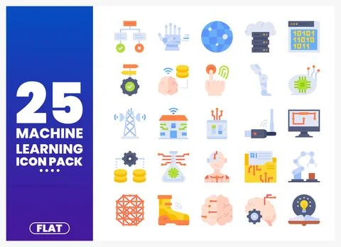 Flat vector icons of machine learning and artificial intelligence. Stock Illustration