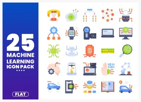 Flat vector icons for machine learning on a white background Stock Illustration