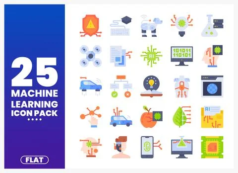 Flat vector icons for machine learning and artificial intelligence projects. Stock Illustration