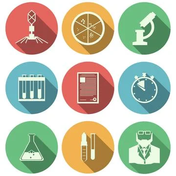 Flat vector icons for microbiology Set of colored circle vector icons with... Foto stock