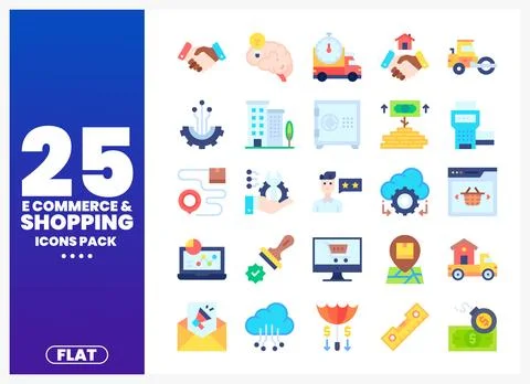 Flat vector icons pack for e-commerce and shopping on a clean background Stock Illustration