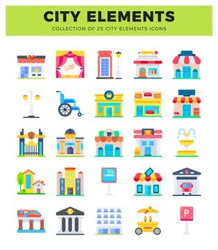 Flat vector icons representing city elements. buildings. and infrastructure.. Illustrazione stock