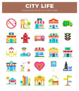Flat vector icons representing city life elements like buildings. vehicles... Stock Illustration