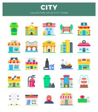 Flat vector icons representing city elements. arranged in a grid on a white.. イラスト素材