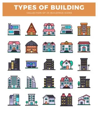 Flat vector icons representing diverse building types arranged on a white b.. Illustrazione stock