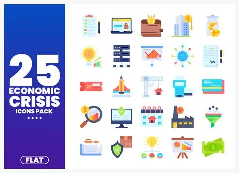 Flat vector icons representing economic crisis themes with a blue background. Stock Illustration