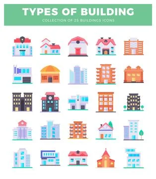 A flat vector icons representing various types of buildings. presented in a.. Stockillustratie
