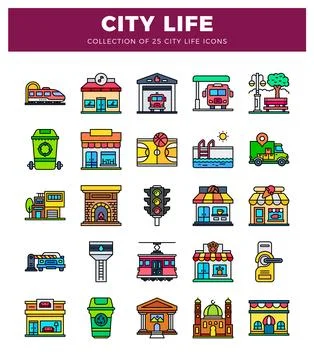 Flat vector icons representing various city life elements including transpo.. 스톡 일러스트