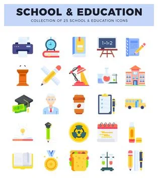 Flat vector icons of school and education collection on white background. Ilustración de archivo