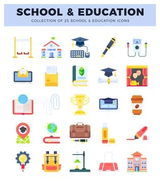 Flat vector icons of school and education objects on white background Stock Illustration